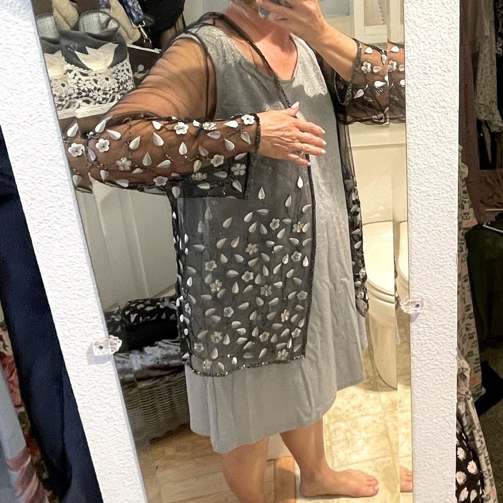 2pc Size Me Up 1X silver sparkle sheath dress and sheer black jacket embroidered